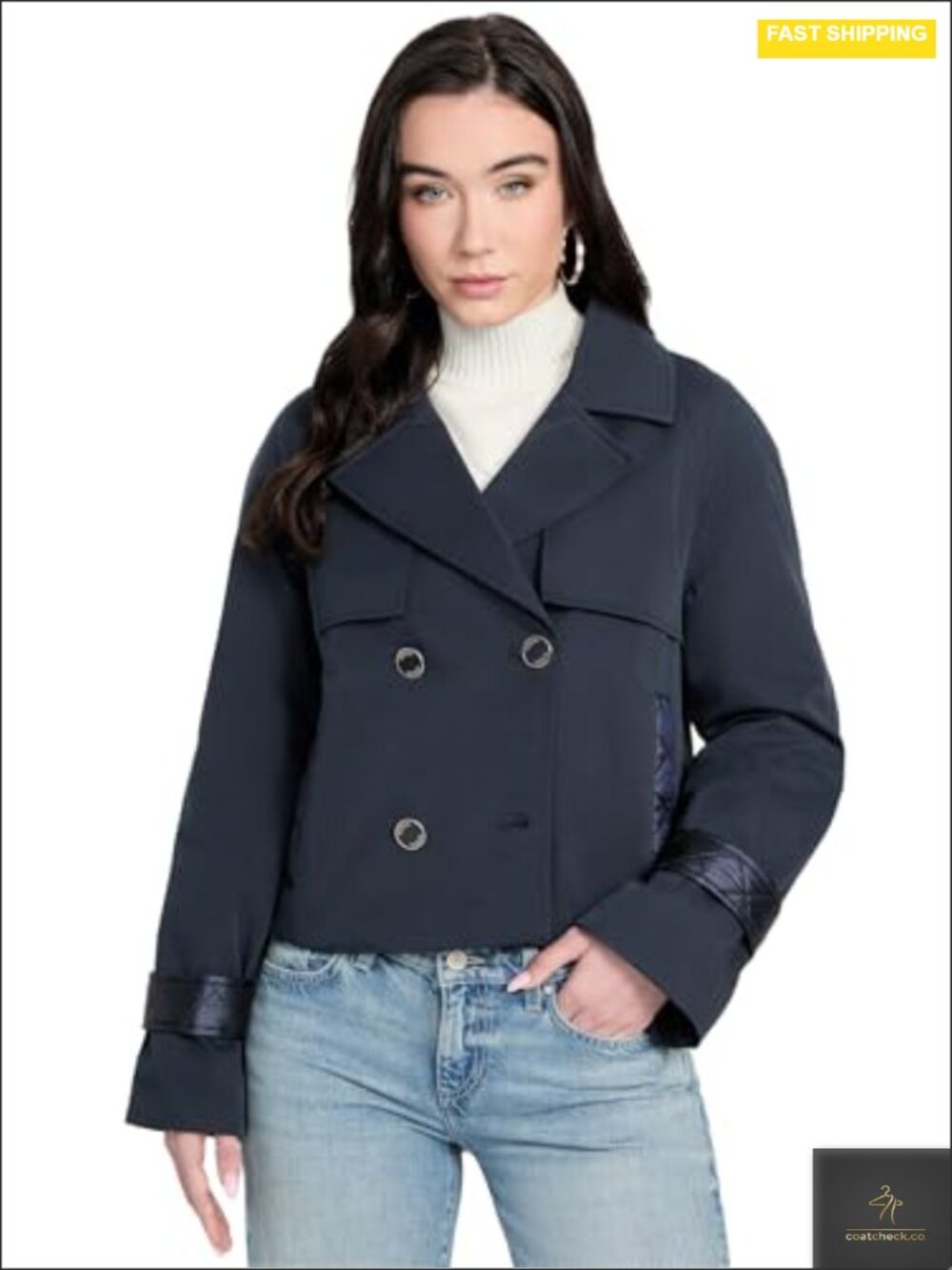 Double Breasted Cropped Trench Coat Women's Cotton Blend with Quilted Back